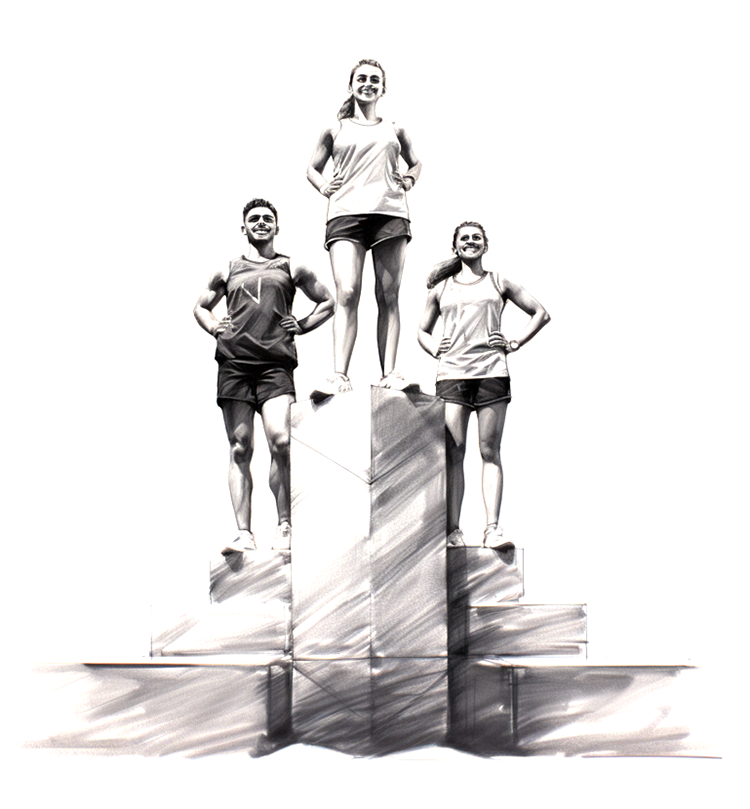 A podium with three places. One athlete is standing above the rest as the winner