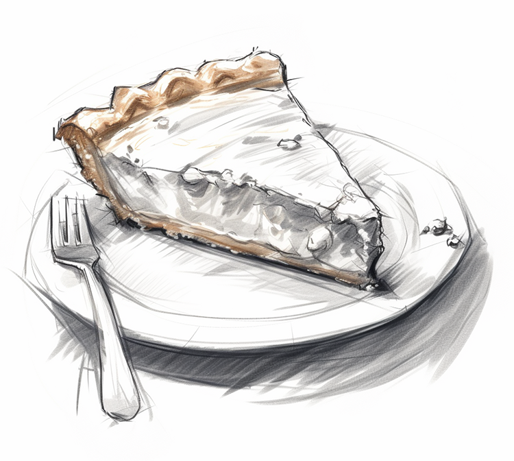 sketch of a pie on a plate with fork resting next to it