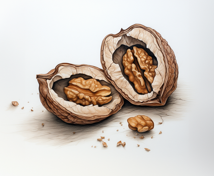 sketch of a walnut cracked in half to show the innards