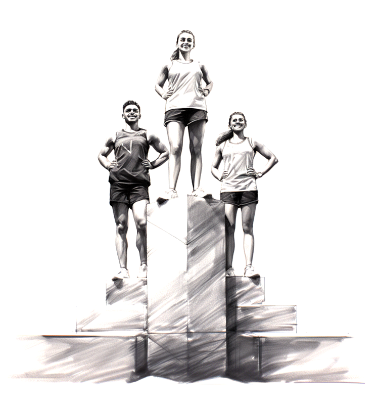 pencil sketch of a podium with three athletes