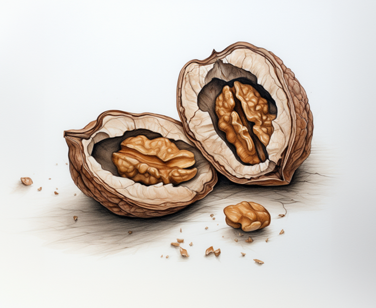 pencil sketch of a walnut cracked open to show its innards